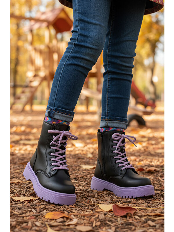 Siyah Mor İçi Polarlı Bağcıklı Fermuarlı Kaymaz Kız Çocuk Bot Dale 05 F - Görsel 4