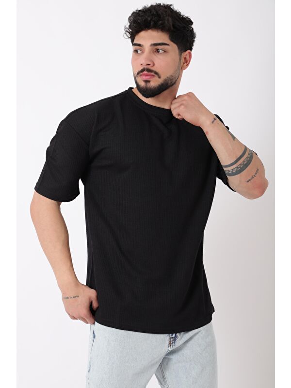 Stilkombin Petekli Model Bisiklet Yaka Oversize Tişört STU-2468_30462