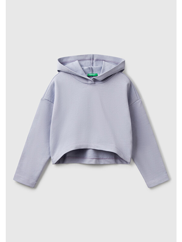 United Colors Of Benetton Kız Çocuk Lila Arkası Logo Etiketli Kapüşonlu Relax Fit Sweatshirt