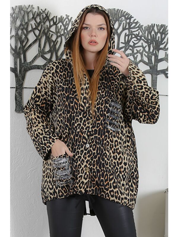 Chiccy Leopar Kapüşonlu Uzun Kol Düğmeli Cepli Pul Payetli Casual Standart Boy Dokuma Ceket