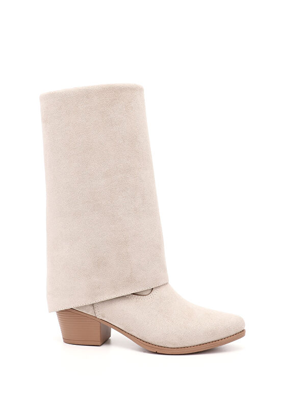 Kadın BEJ Sivri Burun Kalın Topuklu Kovboy Çizme - Görsel 2