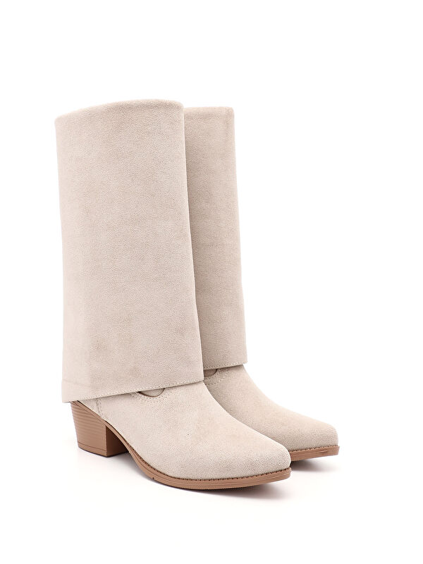 Kadın BEJ Sivri Burun Kalın Topuklu Kovboy Çizme - Görsel 3