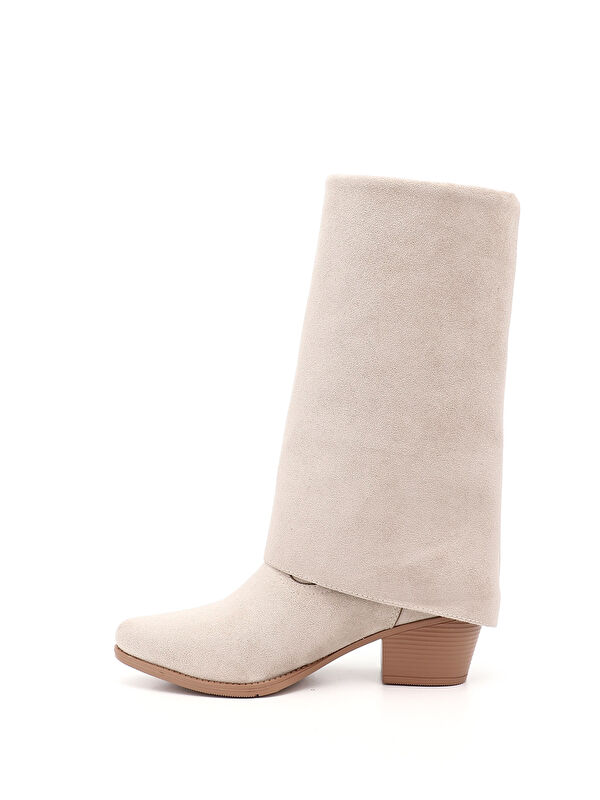 Kadın BEJ Sivri Burun Kalın Topuklu Kovboy Çizme - Görsel 4