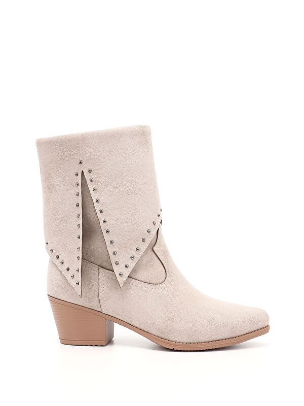 Kadın BEJ Sivri Burun Kalın Topuklu Kovboy Çizme - Görsel 2