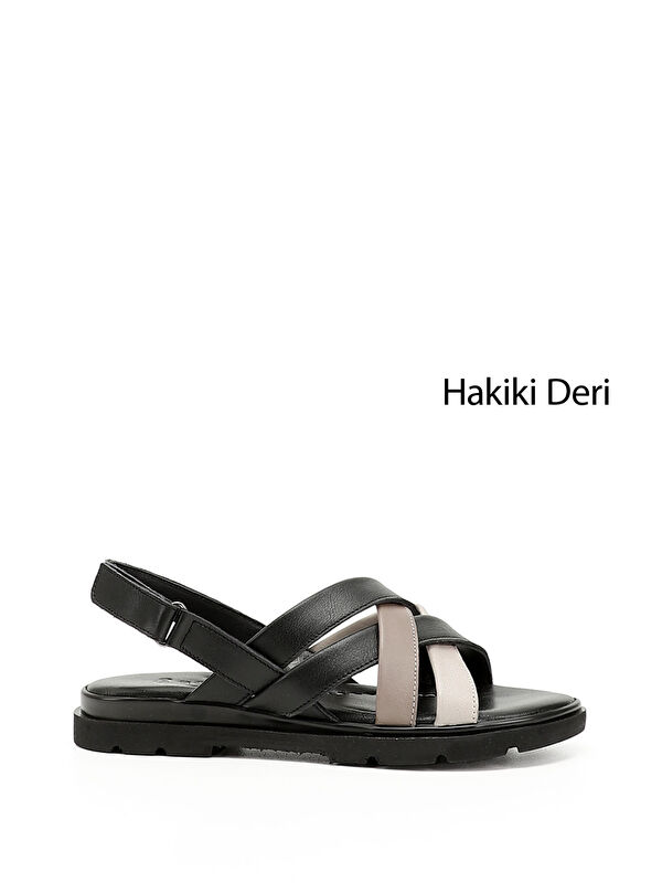 GÖNDERİ(R) Kadın ZÜMRÜT-SİYAH Çapraz Bantlı Hakiki Deri Sandalet