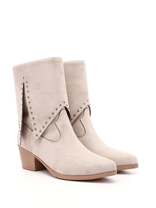 Kadın BEJ Sivri Burun Kalın Topuklu Kovboy Çizme - Görsel 3