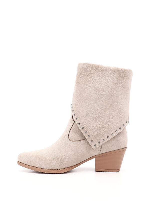 Kadın BEJ Sivri Burun Kalın Topuklu Kovboy Çizme - Görsel 4