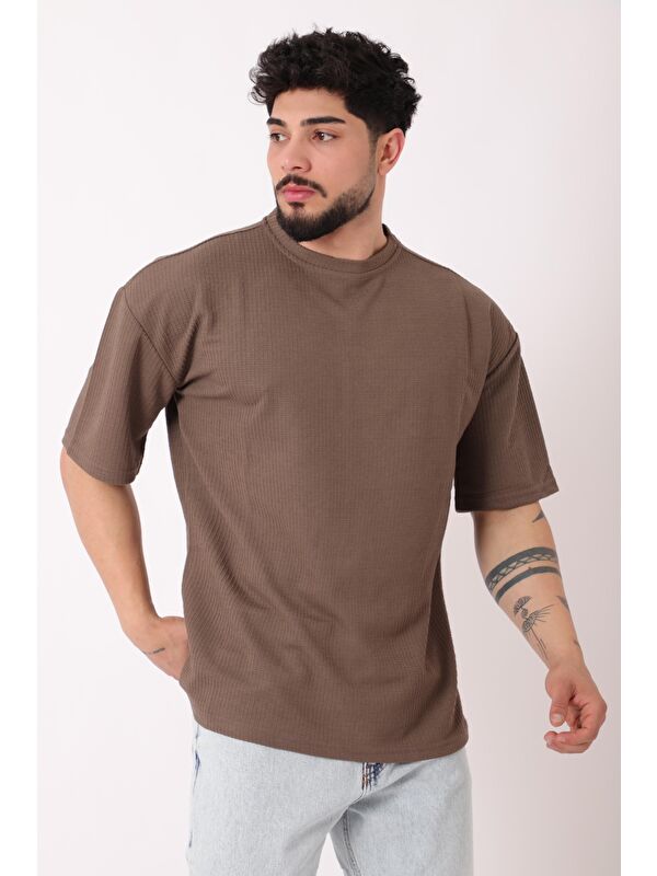 Stilkombin Petekli Model Bisiklet Yaka Oversize Tişört STU-2468_30462