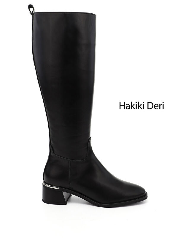 Kadın AÇIK SİYAH Platinum Fermuarlı Kalın Topuklu Hakiki Deri Çizme - Görsel 2