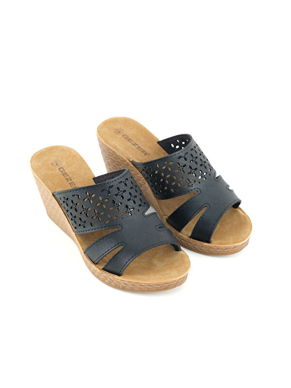 Kadın Yazlık Suni Deri Rahat Taban Lazer Kesim Tasarım Yüksek Topuk Günlük Terlik - Görsel 4