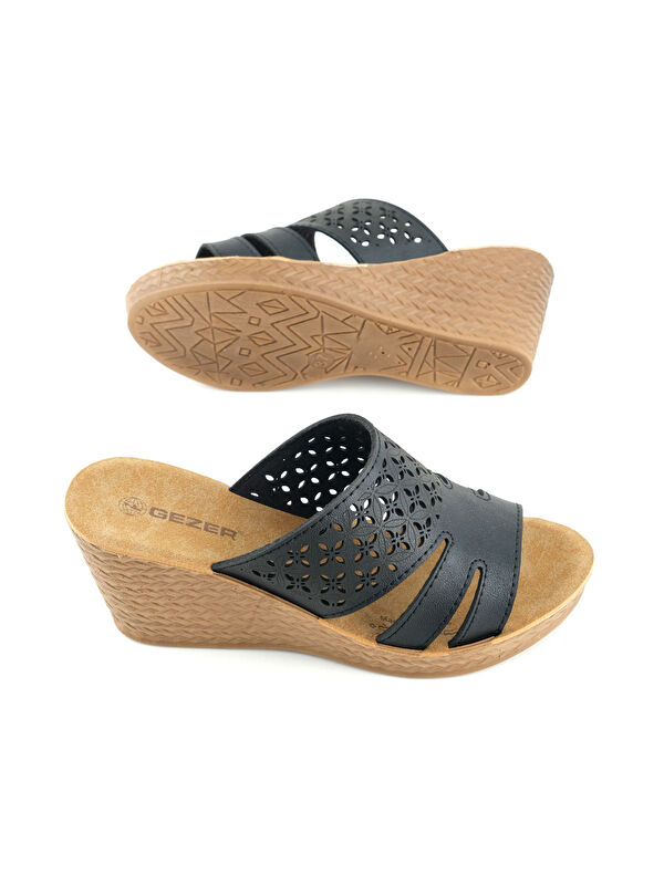 Kadın Yazlık Suni Deri Rahat Taban Lazer Kesim Tasarım Yüksek Topuk Günlük Terlik - Görsel 6