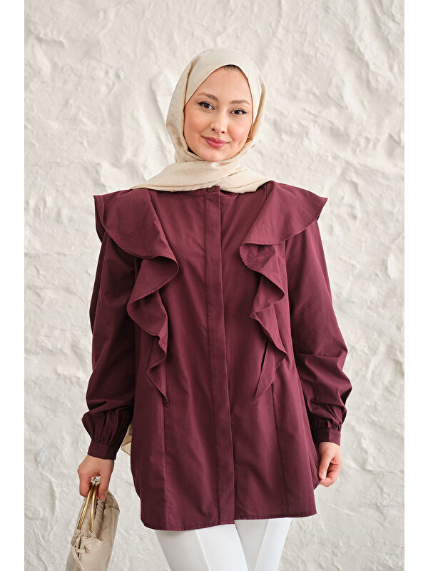 Locco Moda Kadın Gizli Düğme Detay Omuzdan Volanlı Gömlek Bordo