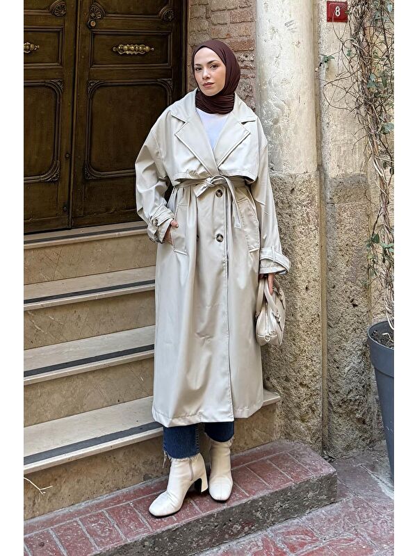 Lamelif Kruvaze Oversize Trenç Taş