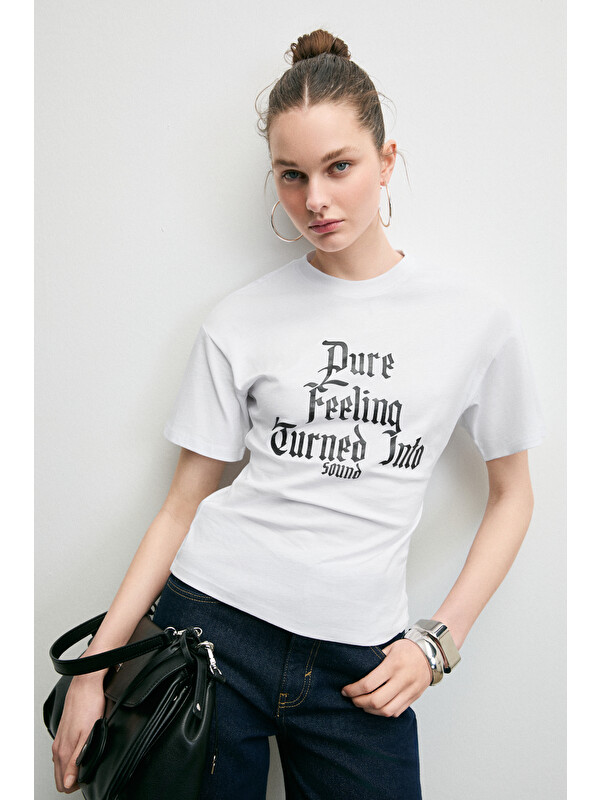 GRIMELANGE LAVINYA Kadın Yumuşak Kumaşlı %100 Pamuk Baskı Detaylı BEYAZ T-Shirt
