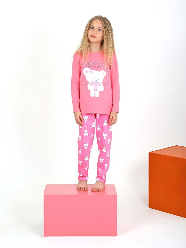 Vitmo Kız Çocuk Uzun Kollu Fiyonklu Ayıcık Model Pijama Takımı