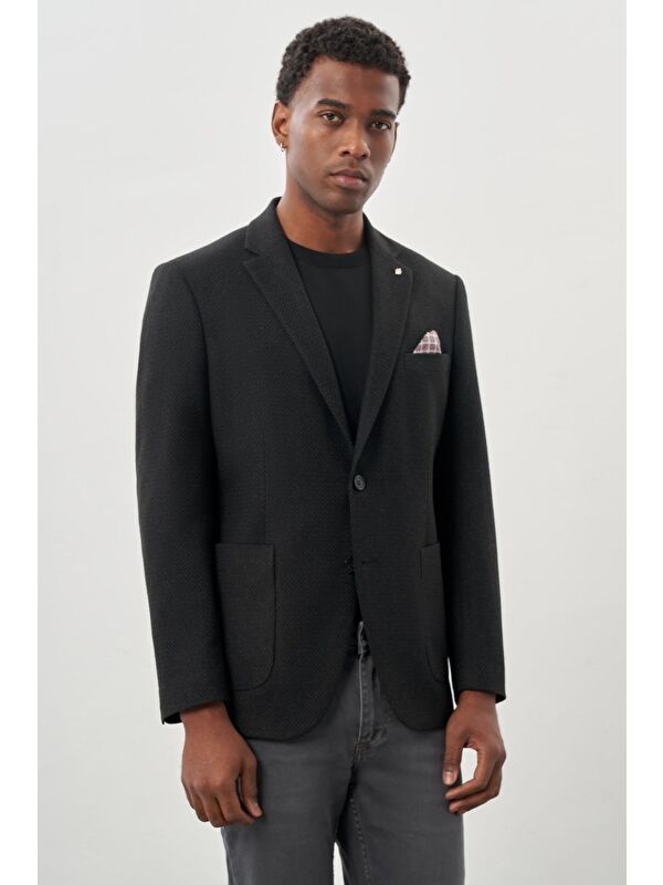 İMZA Koyu Antrasit Desenli Örme Mono Yaka Tam Astar Esnek 6 Drop Comfort Fit Casual Ceket 1002245163