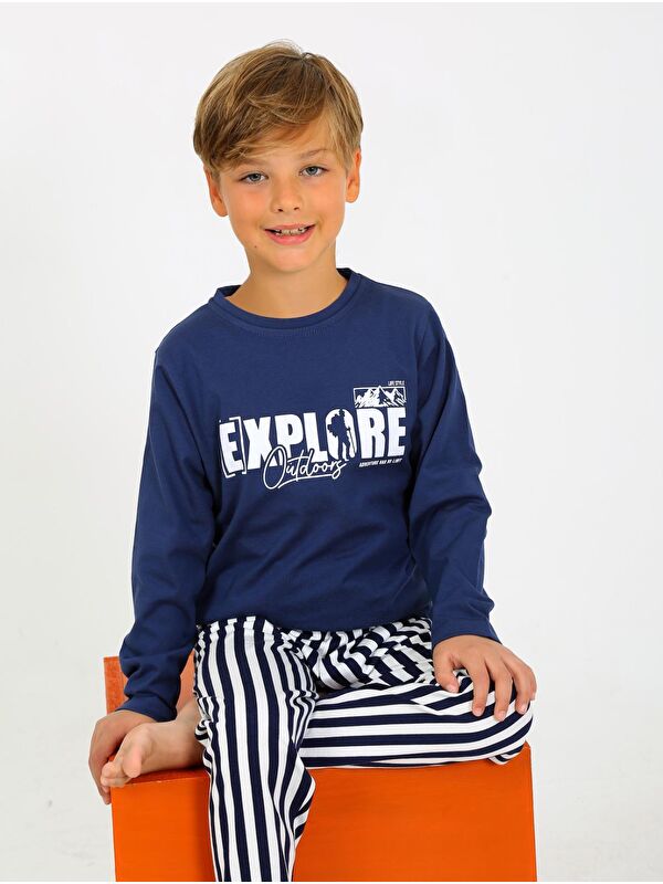 Vitmo Erkek Çocuk Uzun Kollu %100 Pamuklu Pijama Takımı Explore İndigo
