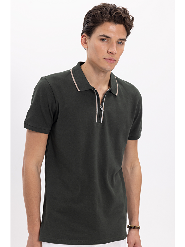TUDORS Erkek Slim Fit Dar Kesim %100 Pamuk Kısa Kollu Yarım Fermuarlı Yeşil Polo Yaka Tişört