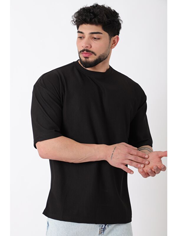 Stilkombin Çizgili Oversize Bisiklet Yaka %100 Pamuk Tişört STU-2452_30463