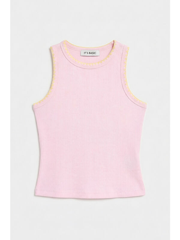 It's Basic Kadın Pembe s6-98 Crop Fit Süper Elastan Sarı İşlemeli Body
