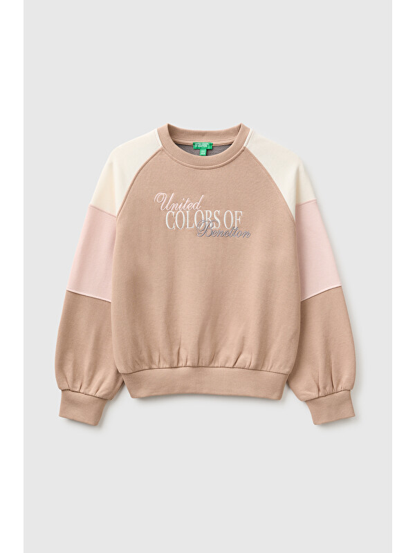 United Colors Of Benetton Kız Çocuk Haki İşlemeli Renk Bloklu Reglan Kollu Bisiklet Yaka Sweatshirt