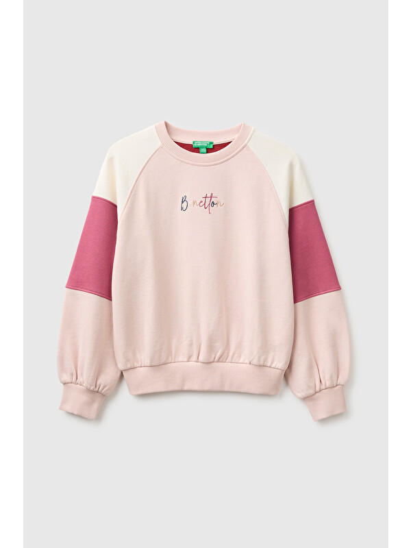 United Colors Of Benetton Kız Çocuk Pudra İşlemeli Renk Bloklu Reglan Kollu Bisiklet Yaka Sweatshirt