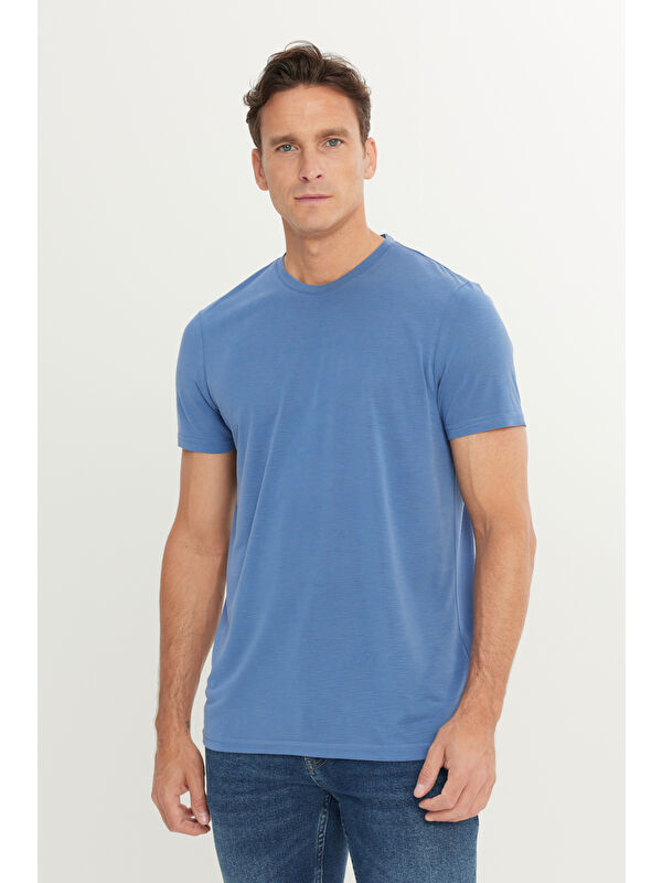 Altınyıldız Classics Erkek İndigo Yumuşak Dokulu Slim Fit Dar Kesim Bisiklet Yaka Tişört