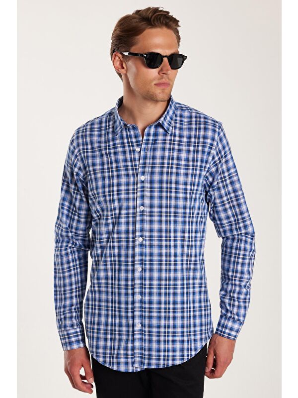 TUDORS Erkek Slim Fit Dar Kesim %100 Pamuk Keten Doku Kareli Gömlek