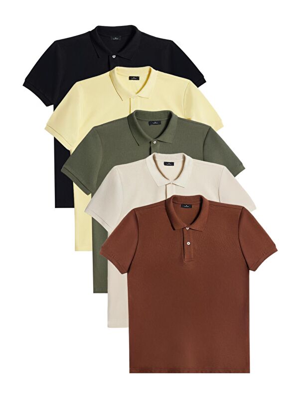 TUDORS Erkek 5'Li Paket Siyah-Sarı-Haki-Ekru-Kahverengi Slim Fit Pamuklu Düz Pike Polo Yaka Tişört