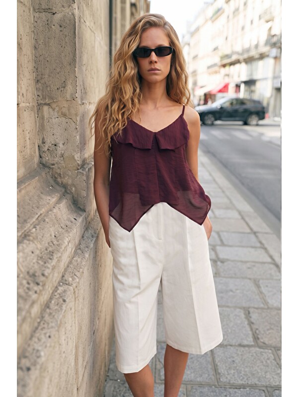 SATEEN Fırfır Detaylı Askılı Bluz - Bordo