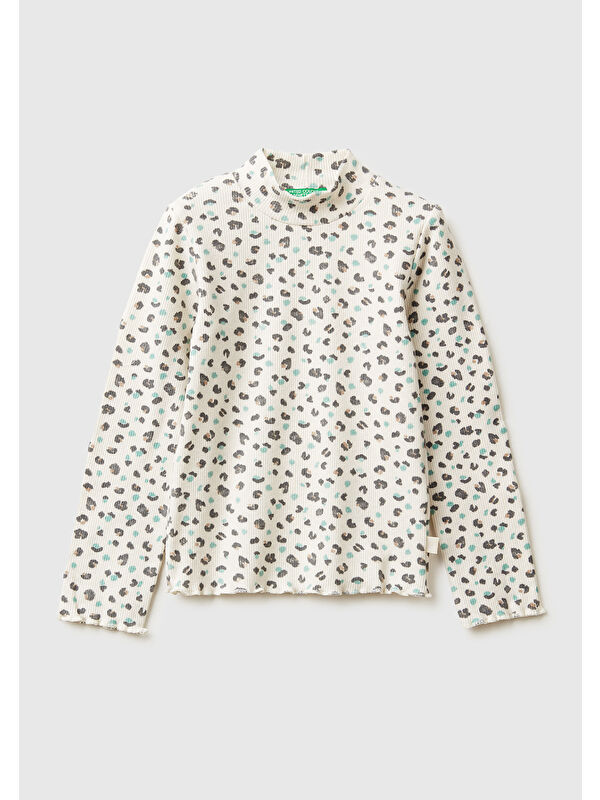 United Colors Of Benetton Kız Çocuk Krem Mix Tamamı Desenli Ribana Yarım Yaka Slim Fit Uzun Kollu T-Shirt