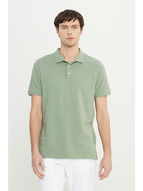 Altınyıldız Classics Erkek Su Yeşili Pamuklu Slim Fit Dar Kesim Polo Yaka Jakarlı Esnek Tişört