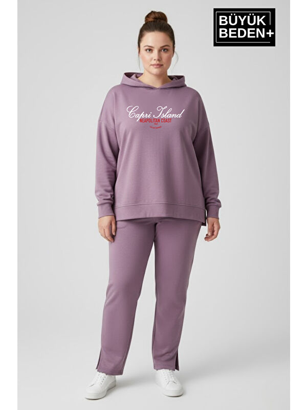 Süperlife Büyük Beden Kapüşonlu Capri İsland Baskılı Tunik ince Sweatshırt SPR26BTK991-2