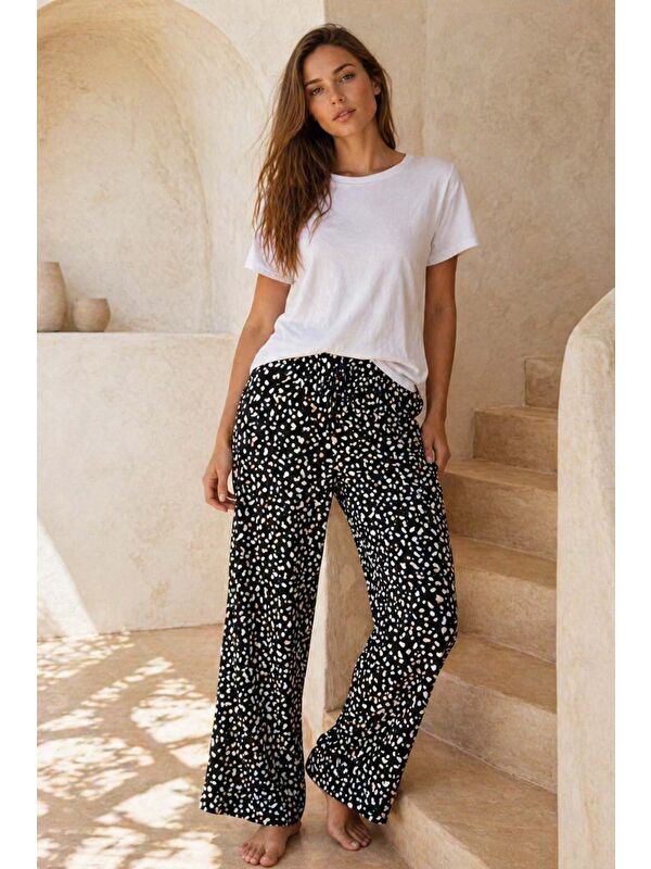Remsa Büyük Beden Kadın Viskon Kumaş Beyaz Puantiye Desen Penye Battal Tek Pijama Alt 19 Siyah04