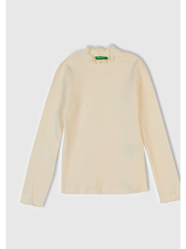 United Colors Of Benetton Kız Çocuk Ekru Logo Etiketli Fırfır Detaylı Bebe Yaka Uzun Kollu T-Shirt