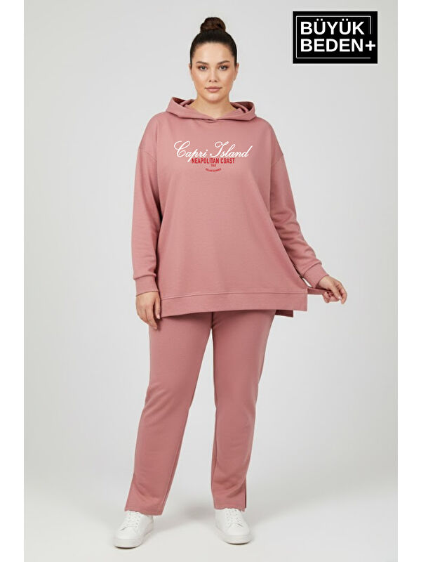 Süperlife Büyük Beden Kapüşonlu Capri İsland Baskılı Tunik ince Sweatshırt SPR26BTK991-2