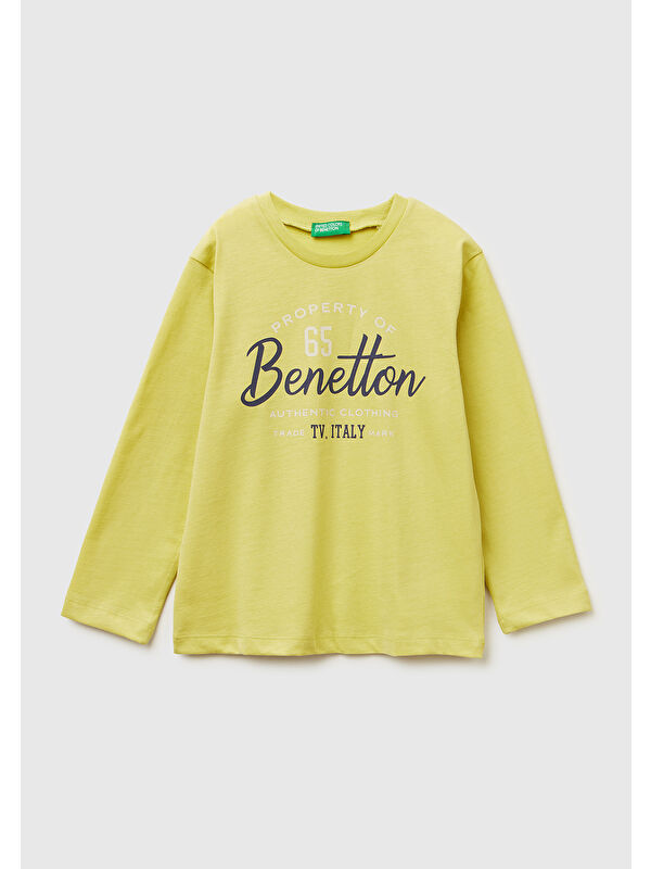 United Colors Of Benetton Erkek Çocuk Hardal Önü Logo Baskılı Jarse Uzun Kollu T-shirt