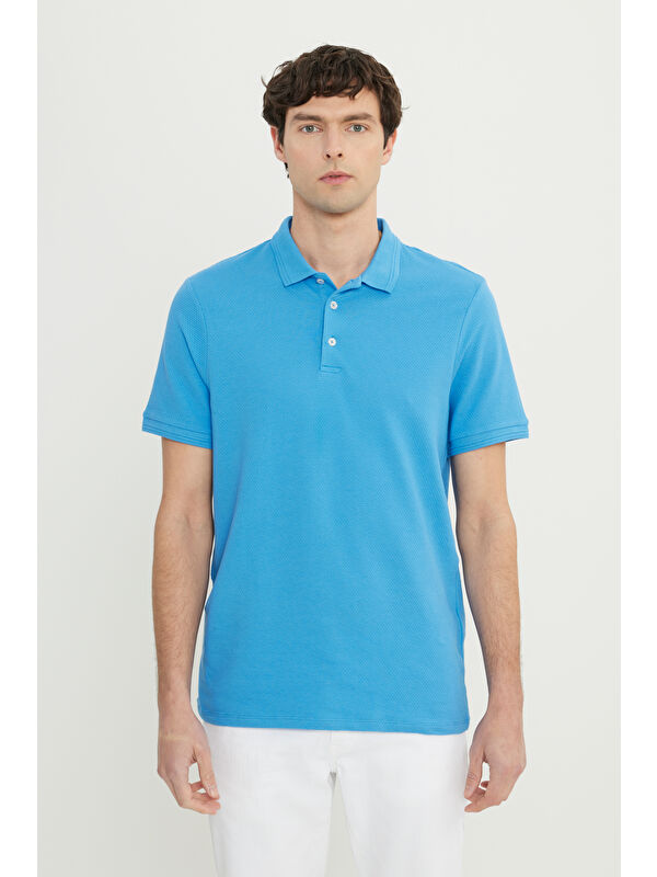 Altınyıldız Classics Erkek Koyu Mavi Pamuklu Slim Fit Dar Kesim Polo Yaka Jakarlı Esnek Tişört