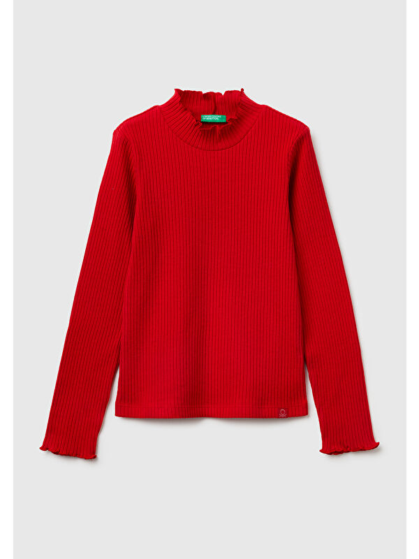 United Colors Of Benetton Kız Çocuk Kırmızı Logo Etiketli Fırfır Detaylı Bebe Yaka Uzun Kollu T-Shirt