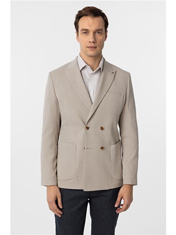 Süvari Bej Slim Baskılı Kruvaze Yaka 6 Drop Blazer Ceket