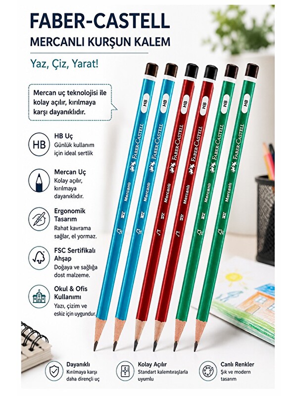 Artlantis Siyah Kurşun Kalem Mercanlı 6 Adet Faber Castell Mercanlı Kurşun Tahta Kalem HB Orta Dereceli Öğrenc
