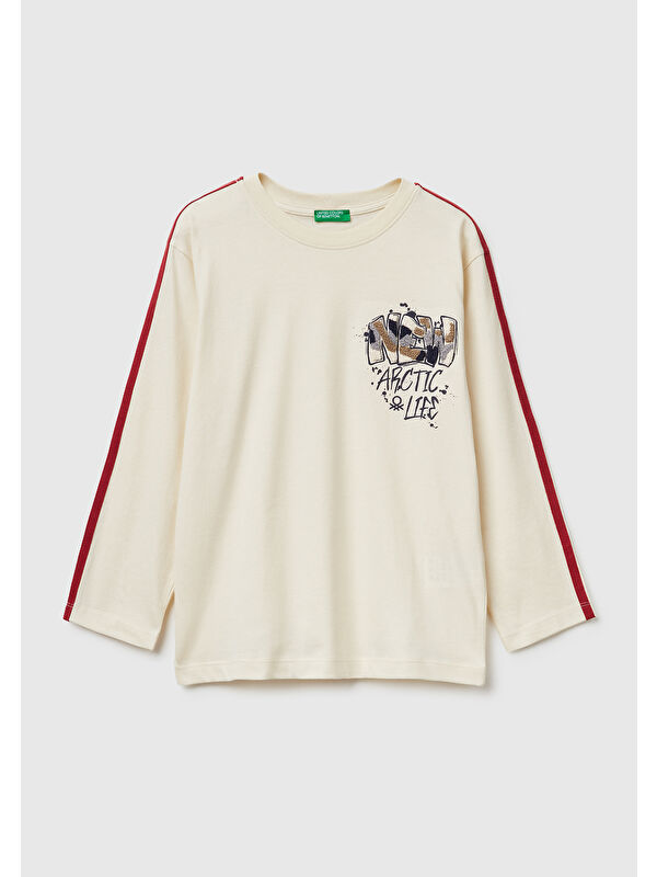 United Colors Of Benetton Erkek Çocuk Krem Önü Baskılı Kontrast Bant Detaylı Jarse Uzun Kollu T-shirt