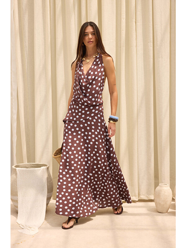 Mai Collection Manon Puantiyeli Kahve Crop Etek Takım