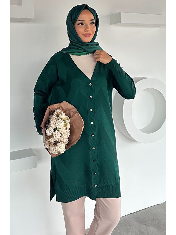 Julude Ön Düğmeli Desenli Tesettür Triko Hırka (m-l-xl Uyumludur)