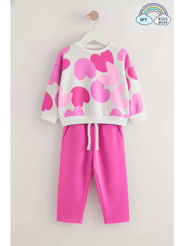 My Kids Wear Kız Çocuk Kalp Baskılı Bol Paça Eşofman Takım 2-8 Yaş 12228
