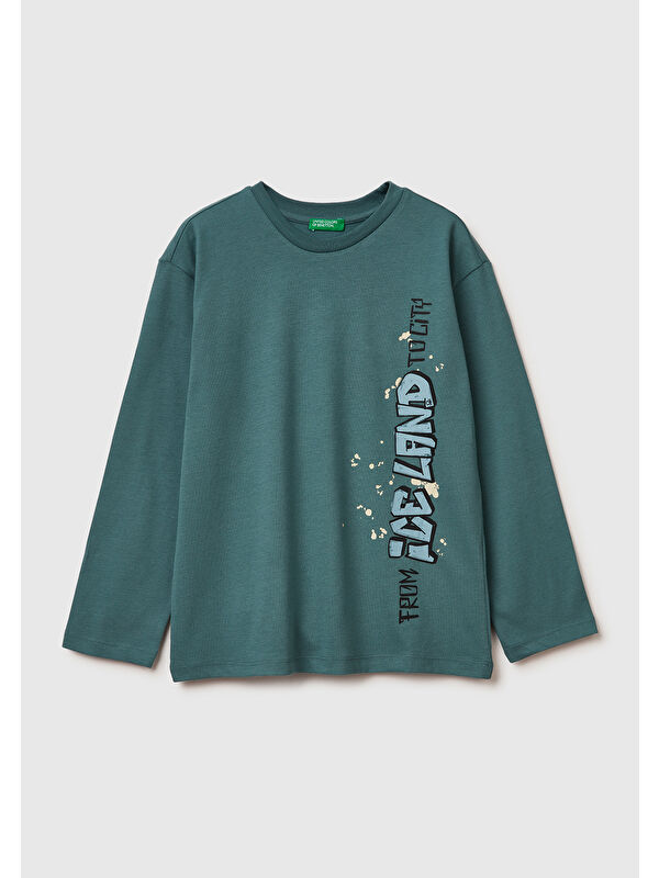 United Colors Of Benetton Erkek Çocuk Gri-Yeşil Baskılı Jarse Bisiklet Yaka Uzun Kollu T-shirt