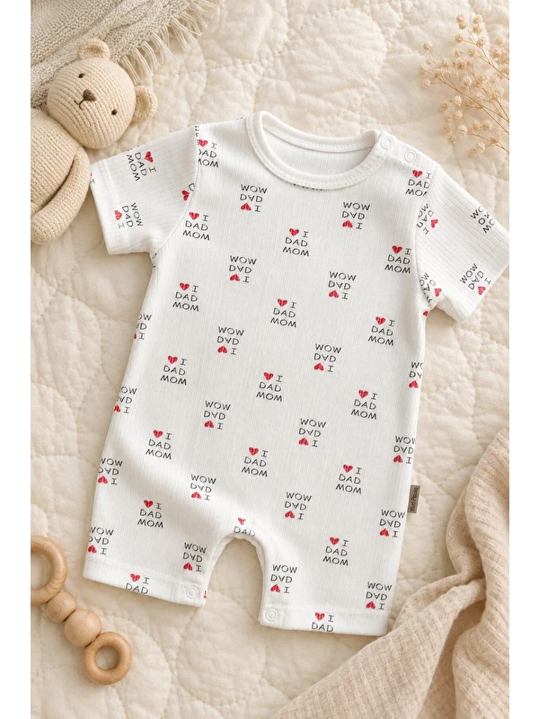 Mai Perla Unisex Bebek Organik Pamuklu Yazlık Kısa Kollu Fitilli Mom Dad Desenli Tulum 0-12 Ay