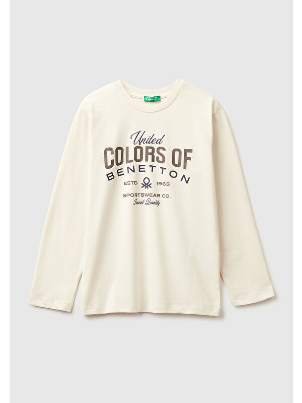 United Colors Of Benetton Erkek Çocuk Krem Önü Logo Baskılı Uzun Kollu T-shirt