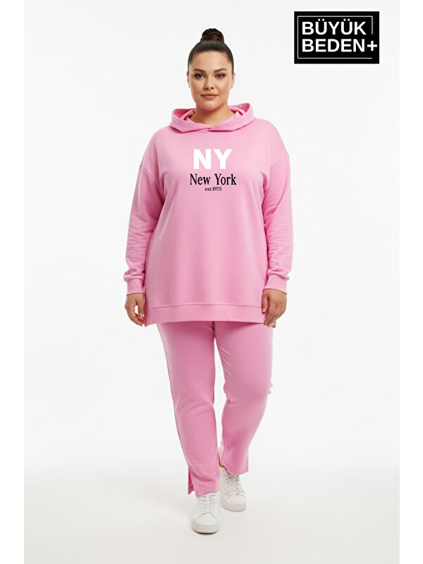 Süperlife Büyük Beden Kapüşonlu NY Newyork Baskılı Tunik ince Sweatshırt SPR26BTK991-1