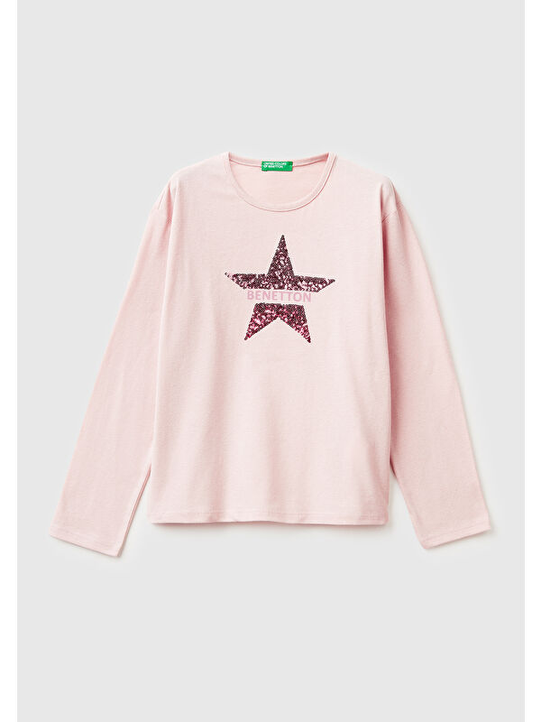 United Colors Of Benetton Kız Çocuk Toz Pembe Grafik Payet İşlemeli Regular Fit Jarse Uzun Kollu T-shirt
